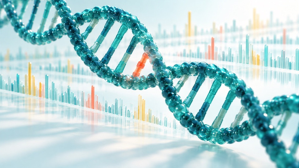 Skizze: Eine türkisfarbene DNA-Doppelhelix mit einer korallfarben hervorgehobenen Stelle über geordneten Datenspuren.