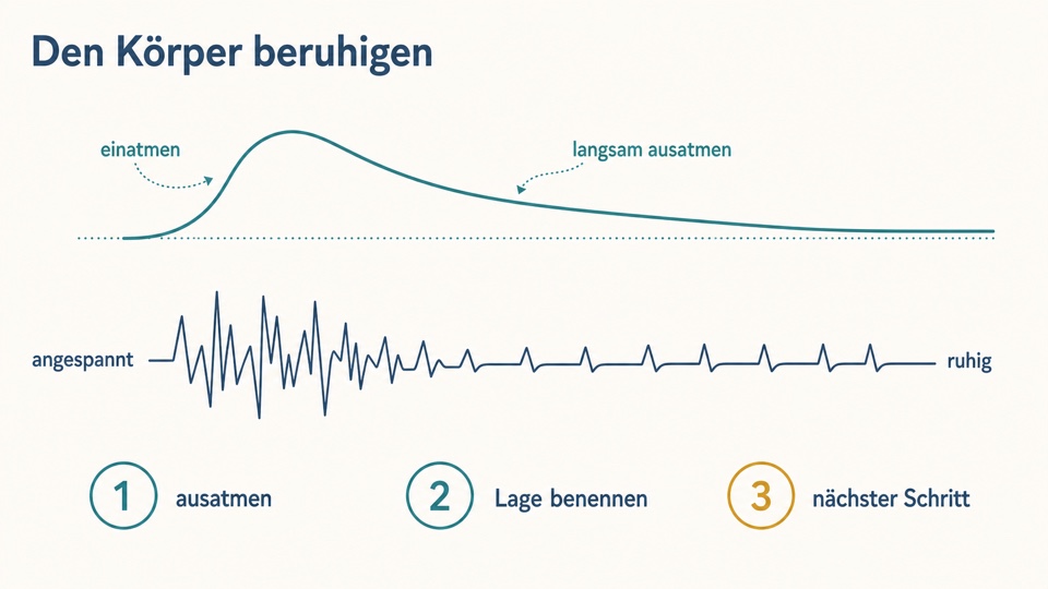 Skizze: Schaubild — Atemkurve mit kurzem Einatmen und langem Ausatmen über einer Herzrhythmuslinie, die von angespannt zu ruhig übergeht, darunter die drei Schritte ausatmen, Lage benennen, nächster Schritt.